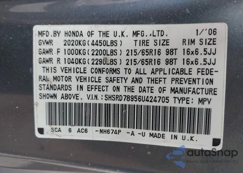 2006 Honda Cr-V Se z USA, uszkodzony, nr VIN SHSRD78956U424705